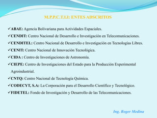 M.P.P.C.T.I.I: ENTES ADSCRITOS

ABAE: Agencia Bolivariana para Actividades Espaciales.
CENDIT: Centro Nacional de Desarrollo e Investigación en Telecomunicaciones.
CENDITEL: Centro Nacional de Desarrollo e Investigación en Tecnologías Libres.
CENIT: Centro Nacional de Innovación Tecnológica.
CIDA : Centro de Investigaciones de Astronomía.
CIEPE: Centro de Investigaciones del Estado para la Producción Experimental
 Agroindustrial.
CNTQ: Centro Nacional de Tecnología Química.
CODECYT, S.A: La Corporación para el Desarrollo Científico y Tecnológico.
FIDETEL: Fondo de Investigación y Desarrollo de las Telecomunicaciones.



                                                              Ing. Roger Medina
 