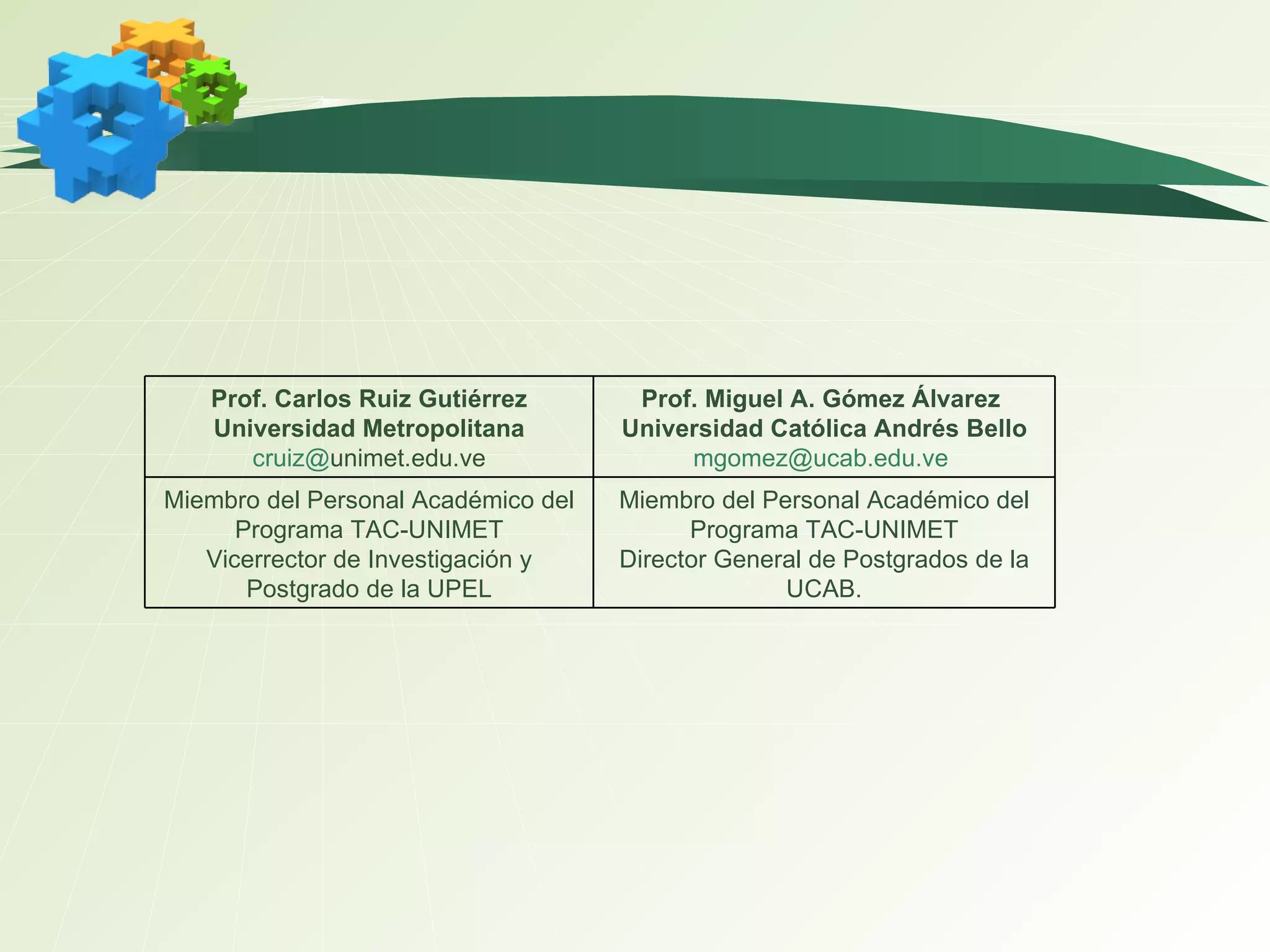 Miembro del Personal Académico del Programa TAC-UNIMET Director General de Postgrados de la UCAB. Miembro del Personal Académico del Programa TAC-UNIMET Vicerrector de Investigación y Postgrado de la UPEL Prof. Miguel A. Gómez Álvarez  Universidad Católica Andrés Bello [email_address]   Prof. Carlos Ruiz Gutiérrez Universidad Metropolitana cruiz@ unimet.edu.ve 