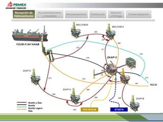 Recepción de
Hidrocarburos

Acondicionamiento
y mezclado

Aceite y Gas
Aceite
Aceite Ligero
Gas

Almacenamiento

Distribución

DOS BOCAS

Medición
y Entrega

ATASTA

Comercialización

 