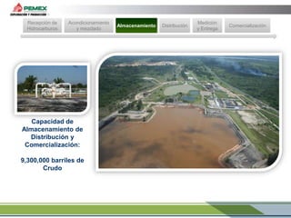Recepción de
Hidrocarburos

Acondicionamiento
y mezclado

Capacidad de
Almacenamiento de
Distribución y
Comercialización:
9,300,000 barriles de
Crudo

Almacenamiento

Distribución

Medición
y Entrega

Comercialización

 