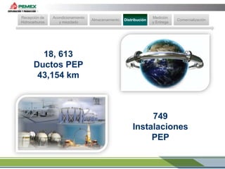 Recepción de
Hidrocarburos

Acondicionamiento
y mezclado

Almacenamiento

Distribución

Medición
y Entrega

Comercialización

18, 613
Ductos PEP
43,154 km

749
Instalaciones
PEP

 
