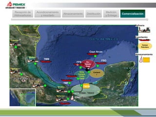 Recepción de
Hidrocarburos

Acondicionamiento
y mezclado

Almacenamiento

Medición
y Entrega

Distribución

Comercialización

Refinería

Exportación
Cadereyta
Campo
Petrolero

Cayo Arcas
Almacenamiento
Madero

TMM
FPS
O

FSO

KuMaloobZaap

Salamanca
Otros
Campos
Costa
Fuera
Tula

Cantarel
l

TMP
TMDB

Minatitlan

Chiapas - Tabasco
Salina Cruz

CAET

 