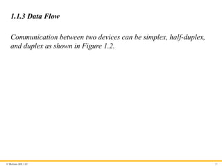 © McGraw Hill, LLC
1.1.3 Data Flow
Communication between two devices can be simplex, half-duplex,
and duplex as shown in Figure 1.2.
12
 