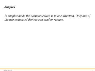 © McGraw Hill, LLC
Simplex
In simplex mode the communication is in one direction. Only one of
the two connected devices can send or receive.
14
 