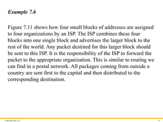 © McGraw Hill, LLC 48
Example 7.6
Figure 7.11 shows how four small blocks of addresses are assigned
to four organizations by an ISP. The ISP combines these four
blocks into one single block and advertises the larger block to the
rest of the world. Any packet destined for this larger block should
be sent to this ISP. It is the responsibility of the ISP to forward the
packet to the appropriate organization. This is similar to routing we
can find in a postal network. All packages coming from outside a
country are sent first to the capital and then distributed to the
corresponding destination.
 