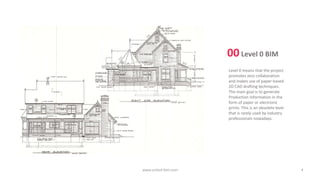 Level 0 means that the project
promotes zero collaboration
and makes use of paper-based
2D CAD drafting techniques.
The main goal is to generate
Production Information in the
form of paper or electronic
prints. This is an obsolete level
that is rarely used by industry
professionals nowadays.
00Level 0 BIM
www.united-bim.com 4
 