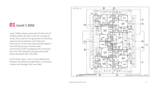Level 1 BIM involves using both 3D CAD and 2D
drafting. While 3D CAD is used for conceptual
works, 2D is used for the generation of statutory
approval documentation and Production
Information. At this level, data sharing happens
electronically using a common data
environment (CDE) managed by the contractor.
Also, the CAD standards are governed under
British Standards (BS 1192:2007
At this level, there is zero or low collaboration
between the different stakeholders as everyone
creates and manages their own data.
01Level 1 BIM
www.united-bim.com 5
 