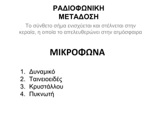 ΡΑΔΙΟΦΩΝΙΚΗ
ΜΕΤΑΔΟΣΗ
Το σύνθετο σήμα ενισχύεται και στέλνεται στην
κεραία, η οποία το απελευθερώνει στην ατμόσφαιρα

ΜΙΚΡΟΦΩΝΑ
1.
2.
3.
4.

Δυναμικό
Ταινειοειδές
Κρυστάλλου
Πυκνωτή

 