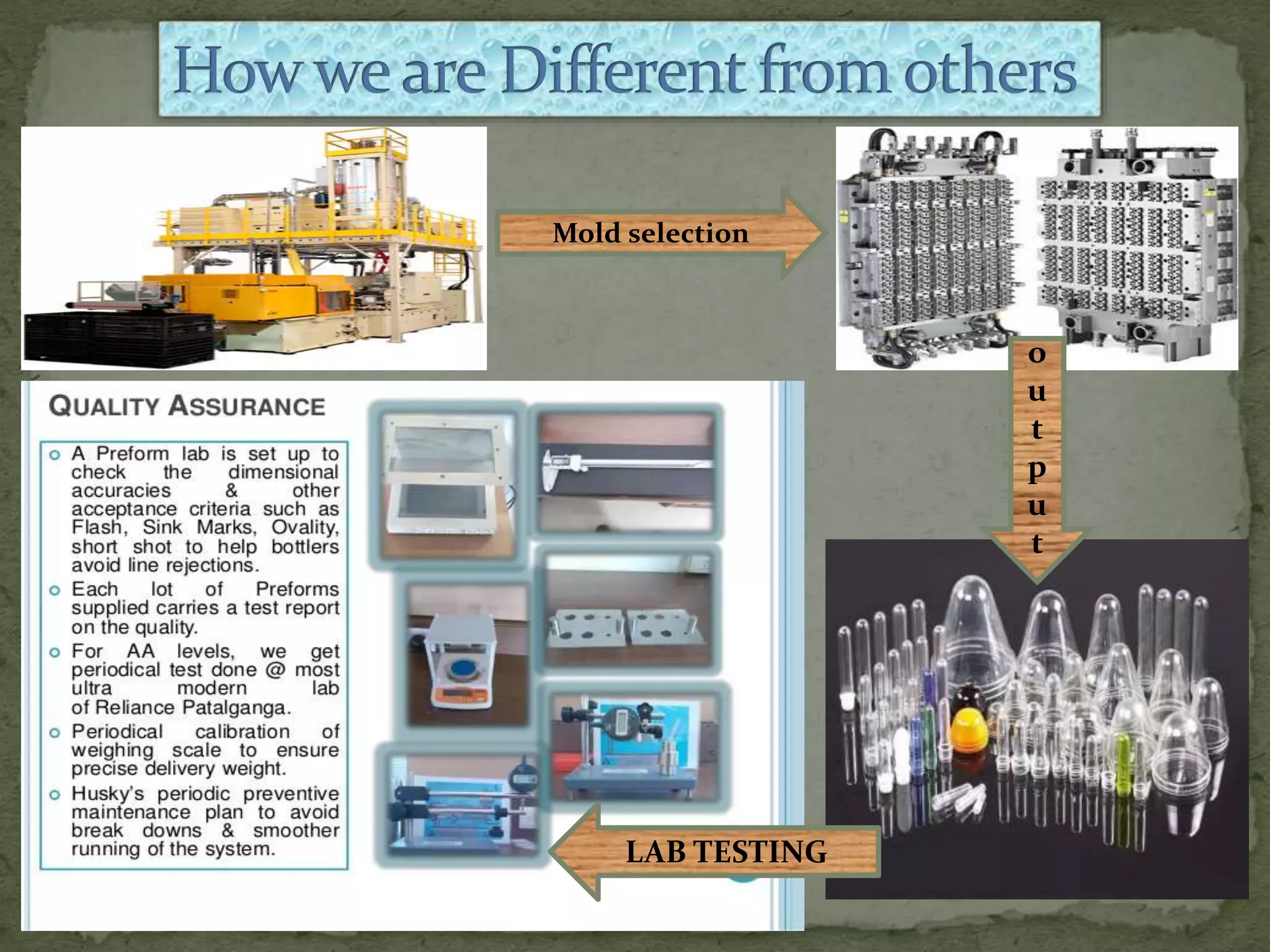Mold selection
o
u
t
p
u
t
LAB TESTING
 