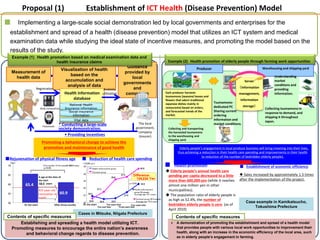 Proposal (1) Establishment of ICT Health (Disease Prevention) Model 
■ Implementing a large-scale social demonstration led by local governments and enterprises for the 
establishment and spread of a health (disease prevention) model that utilizes an ICT system and medical 
examination data while studying the ideal state of incentive measures, and promoting the model based on the 
results of the study. 
Example (2) Health promotion of elderly people through farming work opportunities 
Producer 
Each producer harvests 
tsumamono (seasonal leaves and 
flowers that adorn traditional 
Japanese dishes mainly in 
restaurants) based on orders, 
and forecasted trends of the 
market. 
Collecting and transporting 
the harvested tsumamono 
to the warehousing and 
shipping yard. 
Warehousing and shipping yard 
Understanding 
market 
conditions and 
providing 
information. 
Collecting tsumamono in 
response to demand, and 
shipping it throughout 
Japan. 
Tsumamono-dedicated 
PC 
Sharing current 
ordering 
information and 
market conditions. 
Elderly people’s engagement in local produce business will bring meaning into their lives, 
thus achieving a reduction in their health care spending and improvements in their health 
(a reduction of the number of bedridden elderly people). 
■ Health promotion ■ Establishment of economic efficiency 
◆ Elderly people’s annual health care 
pending per capita decreased to a little 
more than 600,000 yen (while it reaches 
almost one million yen in other 
municipalities). 
◆ The population ratio of elderly people is 
as high as 52.4%, the number of 
bedridden elderly people is zero (as of 
April 2010) 
 Sales increased by approximately 1.5 times 
after the implementation of the project. 
Case example in Kamikatsucho, 
Tokushima Prefecture 
 A demonstration of promoting the establishment and spread of a health model 
that provides people with various local work opportunities to improvement their 
health, along with an increase in the economic efficiency of the local area, such 
as in elderly people’s engagement in farming. 
Example (1) Health promotion based on medical examination data and 
health insurance claims 
Visualization of health 
based on the 
accumulation and 
analysis of data 
Guidance 
provided by 
local 
governments 
and 
companies 
Measurement of 
Body composition 
National Health 
Insurance information 
Social insurance 
information 
* Conducting a large-scale 
society demonstration. 
• Providing incentives 
meter 
Promoting a behavioral change to achieve the 
promotion and maintenance of good health 
health data 
■Rejuvenation of physical fitness age ■ Reduction of health care spending 
（The number of the people2,123,1232 people) 
ｐ＜0.05 
◆Health enforcement 
group 94 people 
Average age 70.1 years 
（10,000 yen） 
Two years later 
Four years later 
Cases in Mitsuke, Niigata Prefecture 
Pedometer 
Health information 
database 
Vital data 
Analysis, 
utilization 
The local 
government, 
company 
(insurer) 
Server 
（Information 
management, 
information 
storage） 
Contents of specific measures 
Registration 
65.4 
60.9 
70 
65 
60 
55 
50 
p<0.05 
4.5-year-old 
restoration of 
youth 
At the start After three months 
（Age） 
A age at the time of 
the start 
58.0 years 
（10,000 yen） 
■Contrast group 28.2 people 
Average age 70.2 years 
35.6 
22.9 
32.5 
24.4 
22.4 
27.0 
27.3 
42.9 
22.8 
37.4 
45 
Health enforcement group 
Contrast group 
Difference： 
104,234 Yen 
40 
35 
30 
25 
20 
At the start 
One year later 
Three years later 
Contents of specific measures 
Establishing and spreading a health model utilizing ICT. 
Promoting measures to encourage the entire nation’s awareness 
and behavioral change regards to disease prevention. 
 