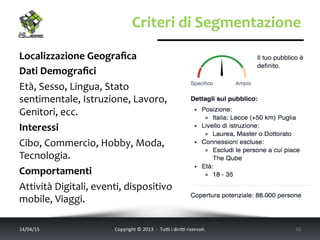 Criteri	
  di	
  Segmentazione	
  
Localizzazione	
  Geograﬁca	
  
Dati	
  Demograﬁci	
  	
  
Età,	
  Sesso,	
  Lingua,	
  Stato	
  
sentimentale,	
  Istruzione,	
  Lavoro,	
  
Genitori,	
  ecc.	
  
Interessi	
  	
  
Cibo,	
  Commercio,	
  Hobby,	
  Moda,	
  
Tecnologia.	
  
Comportamenti	
  	
  
Attività	
  Digitali,	
  eventi,	
  dispositivo	
  
mobile,	
  Viaggi.	
  
	
  
	
  14/04/15	
   Copyright	
  ©	
  2013	
  	
  -­‐	
  	
  Tu6	
  i	
  diri6	
  riserva<.	
  	
  	
   16	
  
 