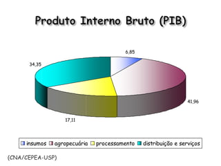 6,85
41,96
17,11
34,35
insumos agropecuária processamento distribuição e serviços
(CNA/CEPEA-USP)
 