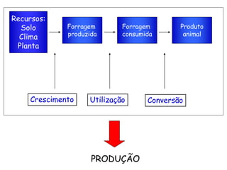 Recursos:
Solo
Clima
Planta
Forragem
produzida
Forragem
consumida
Produto
animal
Crescimento Utilização Conversão
PRODUÇÃO
 