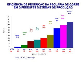 EFICIÊNCIA DE PRODUÇÃO DA PECUÁRIA DE CORTE
EM DIFERENTES SISTEMAS DE PRODUÇÃO
55
2,3
600
95
1140
445
930
450
790
455
590
460
420
480
370
490
330
505
0
5
10
15
20
25
30
35
40
45
50
55
42 d
Suíno
5 m
Bov
12 m
Bov
15 m
Bov
18 m
Bov
24 m
Bov
36 m Atual
42 m
Tardio
48 m
meses
g/dia
kg
ganhos de peso vivo
Frango
Fonte: C.N.P.G.C - Embrapa
 