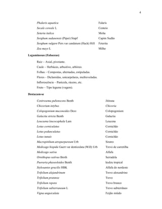 4
Phalaris aquatica Falaris
Secale cereale L Centeio
Setaria italica Moha
Sorghum sudanensis (Piper) Stapf Capim Sudão
Sorghum vulgare Pers var candatum (Hack) Hill Feterita
Zea mays L Milho
Leguminosas (Fabaceas)
Raiz – Axial, pivotante.
Caule – Herbáceo, arbustivo, arbóreo.
Folhas – Compostas, alternadas, estipuladas.
Flores – Diclamidas, unicarpelares, multiovuladas.
Inflorescência – Panícula, ráceno, etc.
Fruto – Tipo legume (vagem).
Destacam-se
Centrosema pubenscens Benth Jitirana
Chicorium intybus Chicoria
Colopogonium muconoides Desv Colopogonium
Galactia stricta Benth Galactia
Leucaena leucocephala Lam Leucena
Lotus corniculatus Cornichão
Lotus pedunculatus Cornichão
Lotus tunuis Cornichão
Macropitilium atropurpureum Urb Siratro
Medicago hispida Gaert var denticulata (Will) Urb Trevo de carretilha
Medicago sativa Alfafa
Ornithopus sativus Broth Serradela
Pueraria phaseoloides Benth kudzu tropical
Stylosantes gracilis HBK Alfafa do nordeste
Trifolium alejandrinum Trevo alexandrino
Trifolium pratense Trevo
Trifolium repens Trevo branco
Trifolium subterraneum L Trevo subterrâneo
Vigna unguiculata Feijão miúdo
 