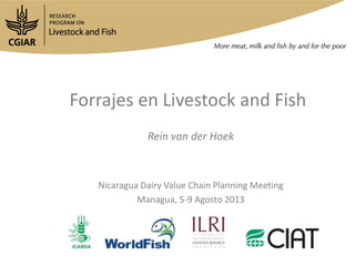 Forrajes en Livestock and Fish
Rein van der Hoek
Nicaragua Dairy Value Chain Planning Meeting
Managua, 5-9 Agosto 2013
 