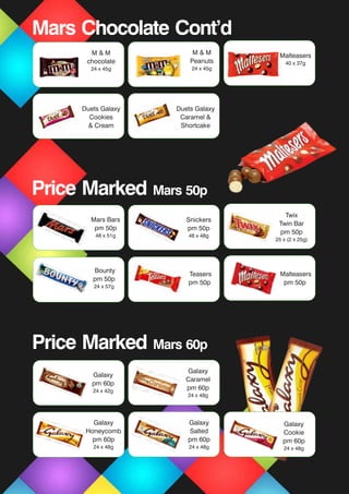 M & M
chocolate
24 x 45g
M & M
Peanuts
24 x 45g
Malteasers
40 x 37g
Price Marked Mars 50p
Price Marked Mars 60p
Duets Galaxy
Cookies
& Cream
Duets Galaxy
Caramel &
Shortcake
Mars Bars
pm 50p
48 x 51g
Snickers
pm 50p
48 x 48g
Twix
Twin Bar
pm 50p
25 x (2 x 25g)
Bounty
pm 50p
24 x 57g
Teasers
pm 50p
Malteasers
pm 50p
Galaxy
pm 60p
24 x 42g
Galaxy
Caramel
pm 60p
24 x 48g
Galaxy
Honeycomb
pm 60p
24 x 48g
Galaxy
Salted
pm 60p
24 x 48g
Mars Chocolate Cont’d
Galaxy
Cookie
pm 60p
24 x 48g
 