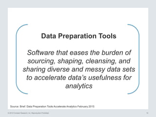 © 2015 Forrester Research, Inc. Reproduction Prohibited 10
Source: Brief: Data Preparation Tools Accelerate Analytics February 2015
.
Data Preparation Tools
Software that eases the burden of
sourcing, shaping, cleansing, and
sharing diverse and messy data sets
to accelerate data’s usefulness for
analytics
 