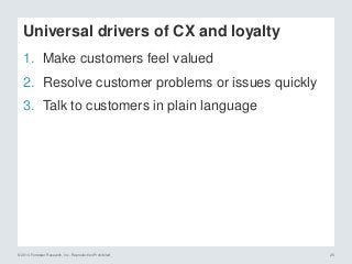 © 2014 Forrester Research, Inc. Reproduction Prohibited 26
Universal drivers of CX and loyalty
1. Make customers feel valued
2. Resolve customer problems or issues quickly
3. Talk to customers in plain language
 