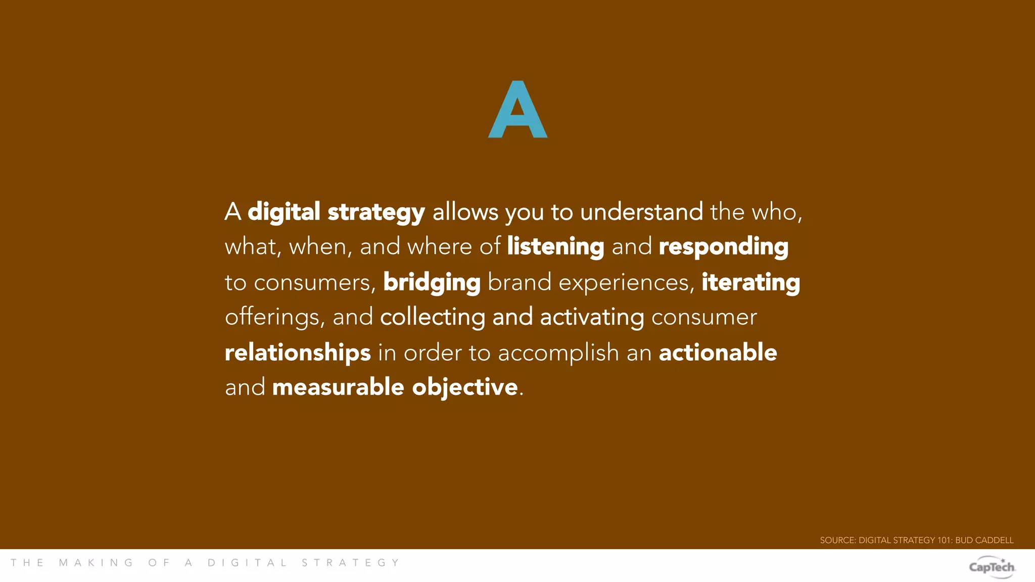 T H E M A K I N G O F A D I G I T A L S T R A T E G Y 

A digital strategy allows you to understand the who,
what, when, and where of listening and responding
to consumers, bridging brand experiences, iterating
offerings, and collecting and activating consumer
relationships in order to accomplish an actionable
and measurable objective.


A
SOURCE: DIGITAL STRATEGY 101: BUD CADDELL 
 