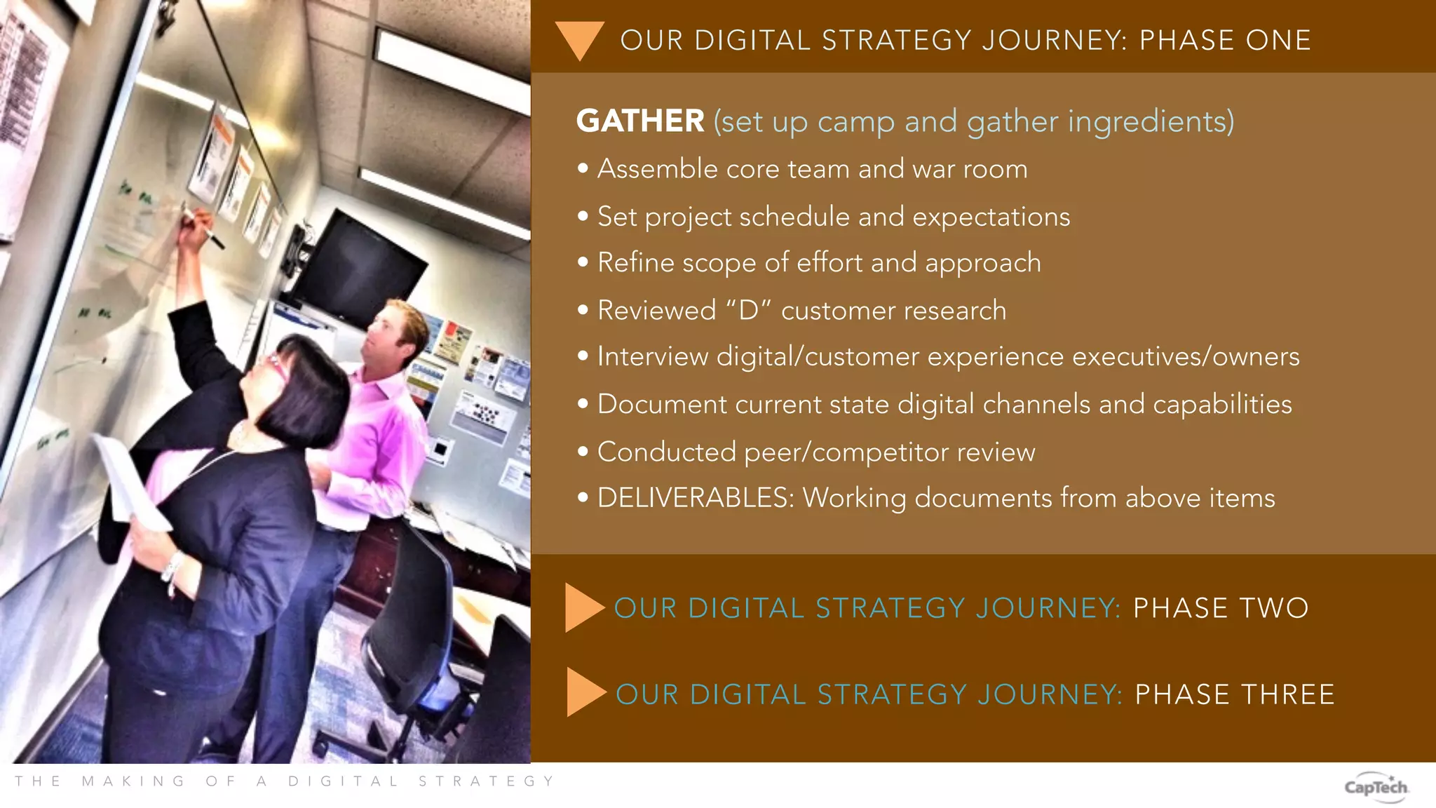 T H E M A K I N G O F A D I G I T A L S T R A T E G Y 
OUR DIGITAL STRATEGY JOURNEY: PHASE ONE
GATHER (set up camp and gather ingredients)
• Assemble core team and war room
• Set project schedule and expectations
• Refine scope of effort and approach
• Reviewed “D” customer research
• Interview digital/customer experience executives/owners
• Document current state digital channels and capabilities
• Conducted peer/competitor review
• DELIVERABLES: Working documents from above items
OUR DIGITAL STRATEGY JOURNEY: PHASE TWO
OUR DIGITAL STRATEGY JOURNEY: PHASE THREE
 