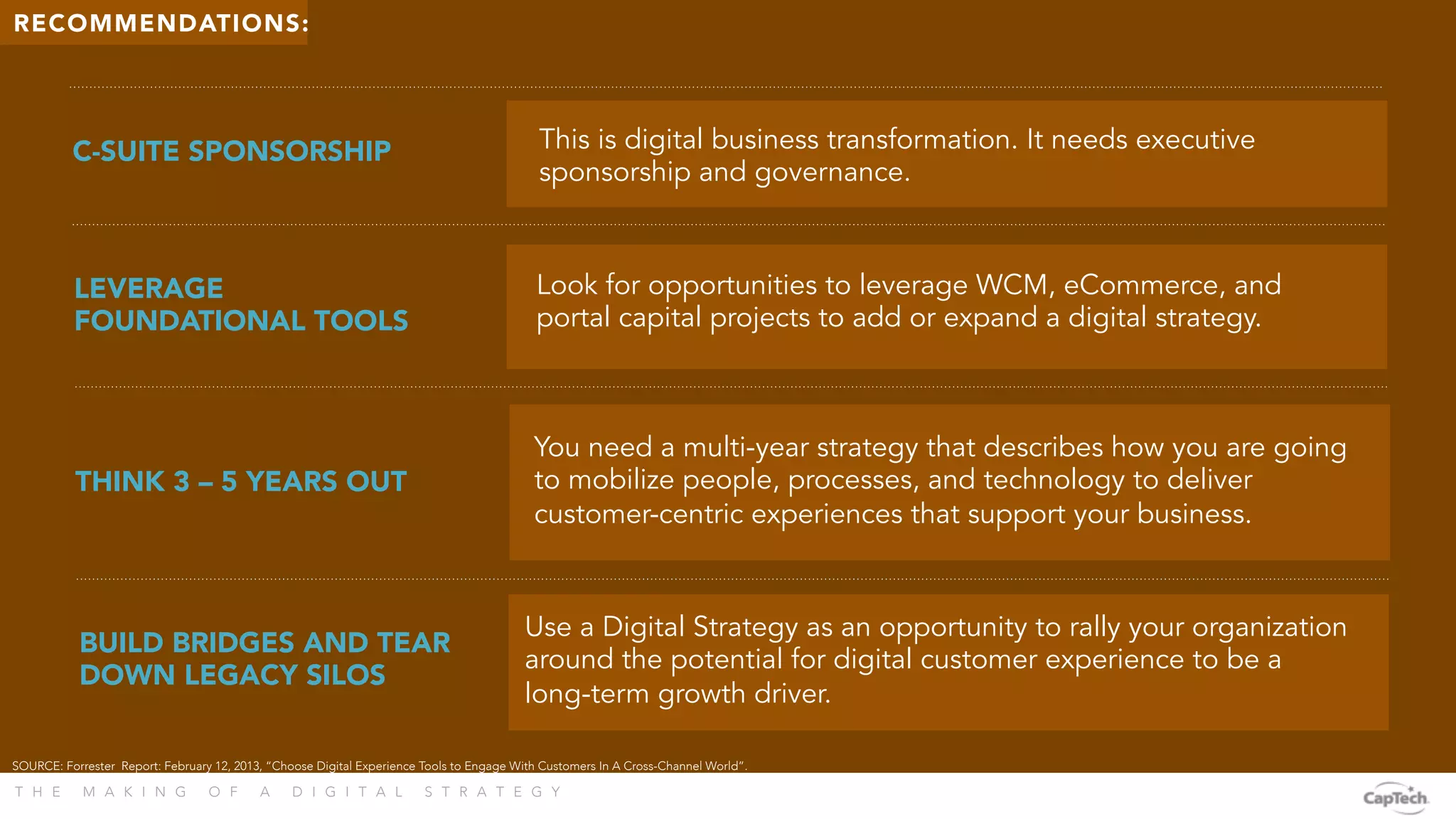 T H E M A K I N G O F A D I G I T A L S T R A T E G Y 
C-SUITE SPONSORSHIP
SOURCE: Forrester Report: February 12, 2013, “Choose Digital Experience Tools to Engage With Customers In A Cross-Channel World”.
LEVERAGE
FOUNDATIONAL TOOLS
THINK 3 – 5 YEARS OUT
BUILD BRIDGES AND TEAR
DOWN LEGACY SILOS
RECOMMENDATIONS:
This is digital business transformation. It needs executive
sponsorship and governance.
Look for opportunities to leverage WCM, eCommerce, and
portal capital projects to add or expand a digital strategy.
You need a multi-year strategy that describes how you are going
to mobilize people, processes, and technology to deliver
customer-centric experiences that support your business.
Use a Digital Strategy as an opportunity to rally your organization
around the potential for digital customer experience to be a
long-term growth driver.
 