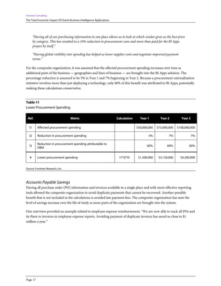 Forrester Consulting
The Total Economic Impact Of Oracle Business Intelligence Applications
Page 17
“Having all of our purchasing information in one place allows us to look at which vendor gives us the best price
by category. This has resulted in a 10% reduction in procurement costs and more than paid for the BI Apps
project by itself.”
“Having global visibility into spending has helped us lower supplier costs and negotiate improved payment
terms.”
For the composite organization, it was assumed that the affected procurement spending increases over time as
additional parts of the business — geographies and lines of business — are brought into the BI Apps solution. The
percentage reduction is assumed to be 5% in Year 1 and 7% beginning in Year 2. Because a procurement rationalization
initiative involves more than just deploying a technology, only 60% of this benefit was attributed to BI Apps, potentially
making these calculations conservative.
Table 11
Lower Procurement Spending
Ref. Metric Calculation Year 1 Year 2 Year 3
I1 Affected procurement spending $50,000,000 $75,000,000 $100,000,000
I2 Reduction in procurement spending 5% 7% 7%
I3
Reduction in procurement spending attributable to
OBIA
60% 60% 60%
It Lower procurement spending I1*I2*I3 $1,500,000 $3,150,000 $4,200,000
Source: Forrester Research, Inc.
Accounts Payable Savings
Having all purchase order (PO) information and invoices available in a single place and with more effective reporting
tools allowed the composite organization to avoid duplicate payments that cannot be recovered. Another possible
benefit that is not included in the calculations is avoided late payment fees. The composite organization has seen the
level of savings increase over the life of study as more parts of the organization are brought into the system.
One interview provided an example related to employee expense reimbursement. “We are now able to track all POs and
tie them to invoices in employee expense reports. Avoiding payment of duplicate invoices has saved us close to $1
million a year.”
 
