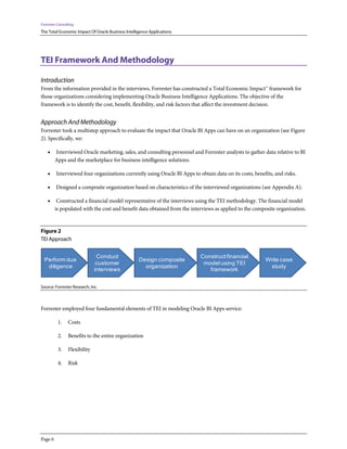 Forrester Consulting
The Total Economic Impact Of Oracle Business Intelligence Applications
Page 6
TEI Framework And Methodology
Introduction
From the information provided in the interviews, Forrester has constructed a Total Economic Impact™ framework for
those organizations considering implementing Oracle Business Intelligence Applications. The objective of the
framework is to identify the cost, benefit, flexibility, and risk factors that affect the investment decision.
Approach And Methodology
Forrester took a multistep approach to evaluate the impact that Oracle BI Apps can have on an organization (see Figure
2). Specifically, we:
• Interviewed Oracle marketing, sales, and consulting personnel and Forrester analysts to gather data relative to BI
Apps and the marketplace for business intelligence solutions.
• Interviewed four organizations currently using Oracle BI Apps to obtain data on its costs, benefits, and risks.
• Designed a composite organization based on characteristics of the interviewed organizations (see Appendix A).
• Constructed a financial model representative of the interviews using the TEI methodology. The financial model
is populated with the cost and benefit data obtained from the interviews as applied to the composite organization.
Figure 2
TEI Approach
Design composite
organization
Construct financial
model using TEI
framework
Write case
study
Perform due
diligence
Conduct
customer
interviews
Source: Forrester Research, Inc.
Forrester employed four fundamental elements of TEI in modeling Oracle BI Apps service:
1. Costs
2. Benefits to the entire organization
3. Flexibility
4. Risk
 