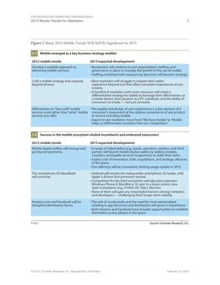 For Interactive Marketing Professionals
2013 Mobile Trends For Marketers 3
© 2013, Forrester Research, Inc. Reproduction Prohibited February 13, 2013
Figure 1 Many 2012 Mobile Trends Will Still Be Significant In 2013
Source: Forrester Research, Inc.91661
2012 mobile trends 2013 expected developments
• Businessess will continue to put organizations, staffing, and
governance in place to manage the growth in the use of mobile.
• Staffing combined with outsourcing decisions will become strategic.
• Most marketers will struggle to migrate their tablet
experience beyond one that offers consistent experiences across
screens.
• A handful of marketers with more resources will create a
differentiated strategy for tablets to leverage their effectiveness as
a media device, their position as a PC substitute, and the ability of
consumers to create — not just consume.
• The quality and design of user experiences is a key element of a
consumer’s assessment of the relative convenience of any product
or service including mobile.
• Expect to see marketers move from“We have mobile”to“Mobile
helps us differentiate ourselves from our competition.”
Differentiate on“how well”mobile
services work rather than“what”mobile
services you offer.
Develop a scalable approach to
delivering mobile services.
Craft a mobile strategy that expands
beyond phones.
Mobile emerged as a key business strategy enabler1-1
2012 mobile trends 2013 expected developments
• A range of stakeholders (e.g., banks, operators, retailers, and third
parties) will launch mobile digital wallets by adding receipts,
vouchers, and loyalty services to payments to stake their claim.
• Expect a lot of innovation, trials, acquisitions, and strategic alliances
in the space.
• Few offerings will be convenient, limiting usage uptake in 2013.
• Android will remain the indisputable smartphone OS leader, with
Apple a distant (but premium) second.
• Competition for the third ecosystem will take place between
Windows Phone 8, BlackBerry 10, and, to a lesser extent, new
open ecosystems (e.g., Firefox OS, Tizen, Ubuntu).
• None of them will gain any meaningful traction among marketers
and developers — challenging their longer-term viability.
• The role of social media and the need for more personalized
retailing in app discovery and distribution will grow in importance.
• Both Amazon and Facebook have broader opportunities to establish
themselves as key players in the space.
Amazon.com and Facebook will be
disruptive distribution forces.
Mobile digital wallets will emerge and
go beyond payments.
The smartphone OS bloodbath
will continue.
Success in the mobile ecosystem eluded incumbents and embraced newcomers1-2
 