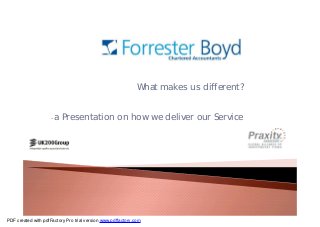 What makes us different?
-a Presentation on how we deliver our Service
PDF created with pdfFactory Pro trial version www.pdffactory.com
 