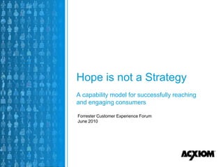 Hope is not a Strategy
A capability model for successfully reaching
and engaging consumers

Forrester Customer Experience Forum
June 2010




               1
 