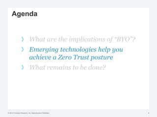 © 2012 Forrester Research, Inc. Reproduction Prohibited
Agenda
What are the implications of “BYO”?
Emerging technologies help you
achieve a Zero Trust posture
What remains to be done?
9
 