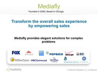 © 2006-2015 Mediafly, Inc. | Confidential
Mediafly
Founded in 2006 | Based in Chicago
Transform the overall sales experience
by empowering sales
Mediafly provides elegant solutions for complex
problems
 