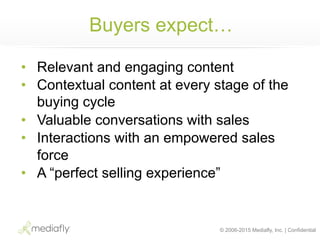 © 2006-2015 Mediafly, Inc. | Confidential
Buyers expect…
•  Relevant and engaging content
•  Contextual content at every stage of the
buying cycle
•  Valuable conversations with sales
•  Interactions with an empowered sales
force
•  A “perfect selling experience”
 