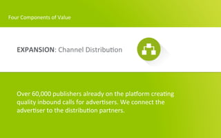 Four	
  Components	
  of	
  Value	
  

EXPANSION:	
  Channel	
  Distribu3on	
  
	
  

	
  

Over	
  60,000	
  publishers	
...