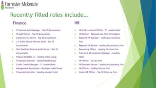 Recently filled roles include…
Finance
 IT Internal Audit Manager - Top 10 Accountants
 IT Audit Senior - Top 10 Accountants
 Corporate Tax Senior - Top 30 Accountants
 2 x Public Sector Internal Audit - Top 10
Accountants
 Part Qualified Internal Audit Senior - Top 10
Accountants
 Finance Director x 2 - leading Hotel Group
 Financial Controller - London Hotel Group
 Credit Control Manager - 5* London Hotel
 Management Accountant - Boutique Hotel Group
 Financial Controller - Leading London Hotel
HR
 HR & Recruitment Officer - 5* London Hotel
 HR Advisor - Regional Law firm Birmingham
 Regional HR Manager - leading Accountancy
firm
 Regional HR Advisor - leading Accountancy firm
 Resourcing Officer - leading City Law firm
 Training & Development Manager - Leading
Hotel
 HR Officer - US Law firm
 HR Business Partner - leading Accountancy firm
 HR Officer – leading US Law firm
 Senior HR Officer – Top 10 City Law firm
 