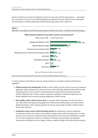 Forrester Consulting
Private Clouds: Storage Architectures Are Key To Maximizing Efficiencies




percent of cloud users surveyed were planning to stick to the status quo with their storage options — expecting to
have several tiers of service levels for different applications deployed in the cloud. Only 20% were choosing the
cloud best practice of offering single-block and file-shared storage options with a single SLA.


Figure 1
Most Plan To Use High-Cost SAN As Storage Architecture Rather Than Direct- Or Network- Attached Storage

                       “Which storage architecture do you plan to use for your private cloud?"

                                              Non-user (n=109)             Cloud user (n=41)

                                 Storage-area Network or SAN                                                 40%
                                                                                                                    46%

                                      Network-attached storage                                       25%
                                                                                                   22%

                            Fibre Channel over Ethernet SAN                            10%
                                                                            2%

     Storage-as-a-service (external cloud storage provider)                       6%
                                                                                       10%

                                                        iSCSI SAN                5%
                                                                                  7%

                                         Direct-attached storage                 4%
                                                                                       10%

                                                              Other         1%
                                                                           0%

                                                       Don’t know                     9%
                                                                            2%


                                           Base: 150 IT infrastructure decision-makers in the US

Source: A commissioned study conducted by Forrester Consulting on behalf of NetApp, November 2010



To achieve optimum cloud efficiency with your storage architecture, you should consider the following key
capabilities:

     Efficient storage is the starting point. Whether a cloud is public or private, the key to success is creating an
         appropriate storage infrastructure in which all resources can be efficiently utilized and shared. Because data
         storage becomes even more crucial in a shared infrastructure model, efficiency becomes paramount.
         Software efficiencies rely on built-in storage virtualization capabilities of advanced storage arrays and
         include capabilities such as thin provisioning, deduplication, and file cloning.

     Data mobility within a shared resource pool. In a dynamic cloud environment, you need to be able to
         move data without interrupting running applications. Seamless data mobility helps you avoid the need for
         planned downtime as well as optimize operations by moving virtual storage controllers to balance load or
         achieve other objectives.

     Standardize storage resources offered through a portal. By standardizing, customers enable their
         environment to become more uniform as they add new storage resources and retire aging devices. To make
         functions such as self-service efficient and ensure that operations of the cloud are as predictable as possible,
         you will want to guide your customers to a defined set of storage service procedures and repeatable
         processes that are defined in a service catalog. Creating a catalog of storage services that satisfy the majority




Page 4
 