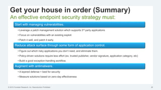 © 2015 Forrester Research, Inc. Reproduction Prohibited 20
Get your house in order (Summary)
An effective endpoint security strategy must:
Start with managing vulnerabilities.
• Leverage a patch management solution which supports 3rd party applications
• Focus on vulnerabilities with an existing exploit
• Patch it well, and patch it early.
Reduce attack surface through some form of application control.
• Figure out which risky applications you don’t need, and eliminate them.
• Policy-driven solutions require less effort (ex. trusted publisher, vendor signature, application category, etc)
• Build a good exception-handling workflow.
Augment with antimalware.
• A layered defense = best for security
• Measure solutions based on zero-day effectiveness
 