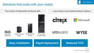 Cloud client-computing
• Dell - Internal Use - Confidential
Solutions that scale with your needs
Specialized
appliances
Reduced TCORapid deploymentEasy installation
Your choice of datacenter hardware with… …your choice of pre-tested software options
Wyse Datacenter
Towers with local
storage
VRTX (new form
factors)
Full racks with
modular options
 