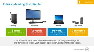 Cloud client-computing
• Dell - Internal Use - Confidential
Wyse Clients
Industry-leading thin clients
Secure
the most secure thin clients on
the planet
Versatile
tailored clients for Citrix,
VMware, and Microsoft
Powerful
handle demanding tasks from
video editing to 3D modeling
Connected
support a broad range of
peripherals
Desktop All-in-one Mobile Ultra mobile
Dell offers the most extensive selection of secure, easy-to-manage thin
and zero clients to suit your budget, application, and performance needs.
 