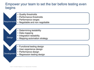 Empower your team to set the bar before testing even
 begins
             •           Quality thresholds
             •           Performance thresholds
             •           Performance ranges
Requirements •           Negotiable and non negotiable


                     •   Determining testability
                     •   Data mapping
                     •   Integration testability
  Design             •   Mapping automation strategy


            •            Functional testing design
            •            User experience design
            •            Performance design
Development
            •            Regression testing design




      © 2011 Forrester Research, Inc. Reproduction Prohibited
 