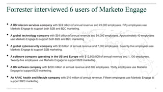 26© 2020 Forrester. Reproduction Prohibited.
• A US telecom services company with $24 billion of annual revenue and 45,000 employees. Fifty employees use
Marketo Engage to support both B2B and B2C marketing.
• A global technology company with $54 billion of annual revenue and 54,000 employees. Approximately 40 employees
use Marketo Engage to support both B2B and B2C marketing
• A global cybersecurity company with $3 billion of annual revenue and 7,000 employees. Seventy-five employees use
Marketo Engage to support B2B marketing.
• A software company operating in the US and Europe with $12,500,000 of annual revenue and 1,100 employees.
Twenty-five employees use Marketo Engage to support B2B marketing.
• A US software company with $200 million of annual revenue and 800 employees. Thirty employees use Marketo
Engage to support B2B marketing.
• An APAC health and lifestyle company with $10 million of annual revenue. Fifteen employees use Marketo Engage to
support B2C marketing.
Forrester interviewed 6 users of Marketo Engage
 