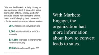 33© 2020 Forrester. Reproduction Prohibited.
With Marketo
Engage, the
organization had
more information
about how to convert
leads to sales.
“We use the Marketo activity history to
see customer intent. It saves the sales
team a ton of time, energy, and effort
because they’re not calling the phone
book, and it’s helping their close rate.”
– Senior marketing manager, telecom services
25% increase in conversion rate
2,500 additional MQLs to SQLs
annually
$31.25M increase in incremental
revenue annually
$9.3M risk-adjusted 3 year PV
 