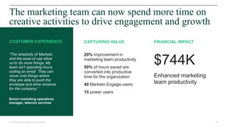34© 2020 Forrester. Reproduction Prohibited.
The marketing team can now spend more time on
creative activities to drive engagement and growth
CUSTOMER EXPERIENCE CAPTURING VALUE FINANCIAL IMPACT
“The simplicity of Marketo
and the ease of use allow
us to do more things. My
team isn’t spending hours
coding an email. They can
move onto things where
they are able to push the
envelope and drive revenue
for the company.”
20% improvement in
marketing team productivity
50% of hours saved are
converted into productive
time for the organization
40 Marketo Engage users
15 power users
$744K
Enhanced marketing
team productivity
Senior marketing operations
manager, telecom services
 