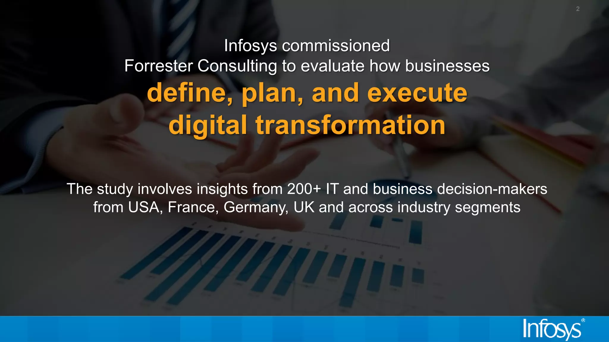 Infosys commissioned
Forrester Consulting to evaluate how businesses
define, plan, and execute
digital transformation
2
The study involves insights from 200+ IT and business decision-makers
from USA, France, Germany, UK and across industry segments
 