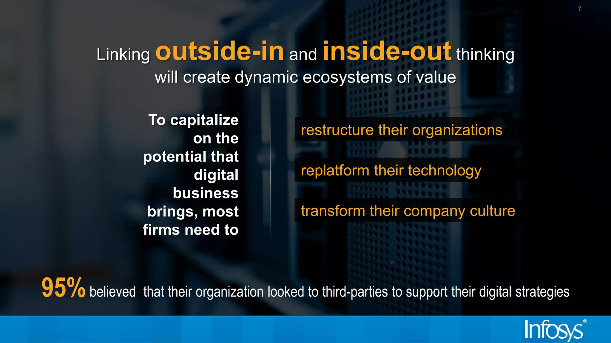 7
Linking outside-in and inside-out thinking
will create dynamic ecosystems of value
95%believed that their organization looked to third-parties to support their digital strategies
To capitalize
on the
potential that
digital
business
brings, most
firms need to
restructure their organizations
replatform their technology
transform their company culture
 