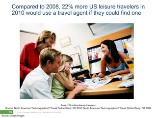 Compared to 2008, 22% more US leisure travelers in
         2010 would use a travel agent if they could find one




                                                   Base: US online leisure travelers
   Source: North American Technographics® Travel Online Study, Q1 2010; North American Technographics® Travel Online Study, Q1 2008
      19      © 2010 Forrester Research, Inc. Reproduction Prohibited
Source: Google Images
 