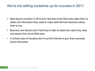 We‘re not setting ourselves up for success in 2011


  Most leisure travelers in 2010 don‘t feel that travel Web sites allow them to
   obtain the information they need to make well-informed decisions about
   what to buy
  Boomers and Seniors don‘t feel they‘re able to obtain the value they seek
   and expect from travel Web sites

  A critical mass of travelers don‘t trust the Internet to give them accurate
   travel information




20   © 2010 Forrester Research, Inc. Reproduction Prohibited
 