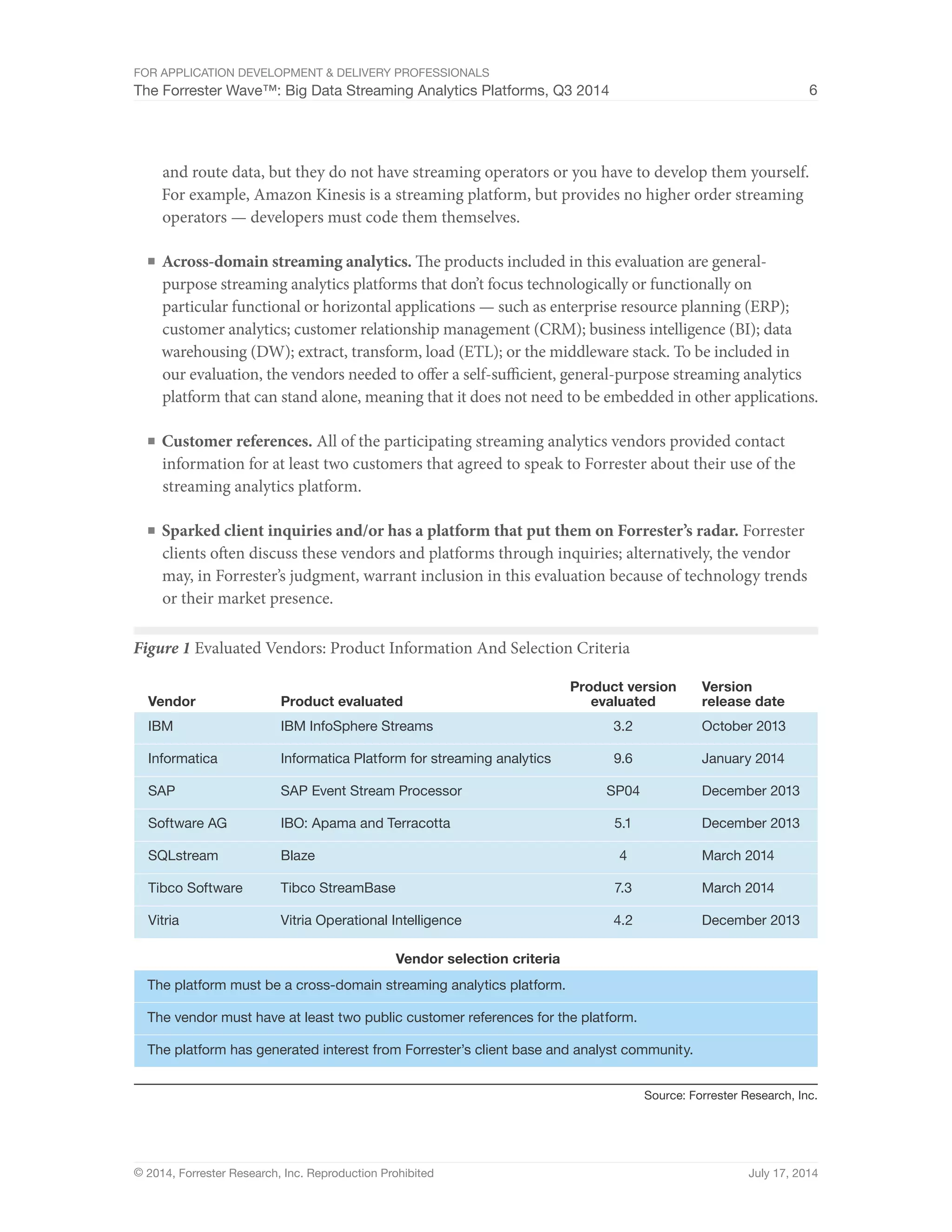 For Application Development & Delivery Professionals 
The Forrester Wave™: Big Data Streaming Analytics Platforms, Q3 2014 6 
and route data, but they do not have streaming operators or you have to develop them yourself. 
For example, Amazon Kinesis is a streaming platform, but provides no higher order streaming 
operators — developers must code them themselves. 
■ Across-domain streaming analytics. The products included in this evaluation are general-purpose 
streaming analytics platforms that don’t focus technologically or functionally on 
particular functional or horizontal applications — such as enterprise resource planning (ERP); 
customer analytics; customer relationship management (CRM); business intelligence (BI); data 
warehousing (DW); extract, transform, load (ETL); or the middleware stack. To be included in 
our evaluation, the vendors needed to offer a self-sufficient, general-purpose streaming analytics 
platform that can stand alone, meaning that it does not need to be embedded in other applications. 
■ Customer references. All of the participating streaming analytics vendors provided contact 
information for at least two customers that agreed to speak to Forrester about their use of the 
streaming analytics platform. 
■ Sparked client inquiries and/or has a platform that put them on Forrester’s radar. Forrester 
clients often discuss these vendors and platforms through inquiries; alternatively, the vendor 
may, in Forrester’s judgment, warrant inclusion in this evaluation because of technology trends 
or their market presence. 
Figure 1 Evaluated Vendors: Product Information And Selection Criteria 
Product version 
evaluated 
Version 
release date 
October 2013 
January 2014 
December 2013 
December 2013 
March 2014 
March 2014 
December 2013 
The platform must be a cross-domain streaming analytics platform. 
The vendor must have at least two public customer references for the platform. 
The platform has generated interest from Forrester’s client base and analyst community. 
Source: Forrester Research, Inc. 
Vendor 
IBM 
Informatica 
SAP 
Software AG 
SQLstream 
Tibco Software 
Vitria 
Product evaluated 
IBM InfoSphere Streams 
Informatica Platform for streaming analytics 
SAP Event Stream Processor 
IBO: Apama and Terracotta 
Blaze 
Tibco StreamBase 
Vitria Operational Intelligence 
3.2 
9.6 
SP04 
5.1 
4 
7.3 
4.2 
Vendor selection criteria 
© 2014, Forrester Research, Inc. Reproduction Prohibited July 17, 2014 
 