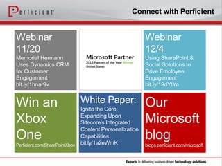 Connect with Perficient

Memorial Hermann
Uses Dynamics CRM
for Customer
Engagement
bit.ly/1hnar9v

Using SharePoint &
Social Solutions to
Drive Employee
Engagement
bit.ly/19dYtYa

 